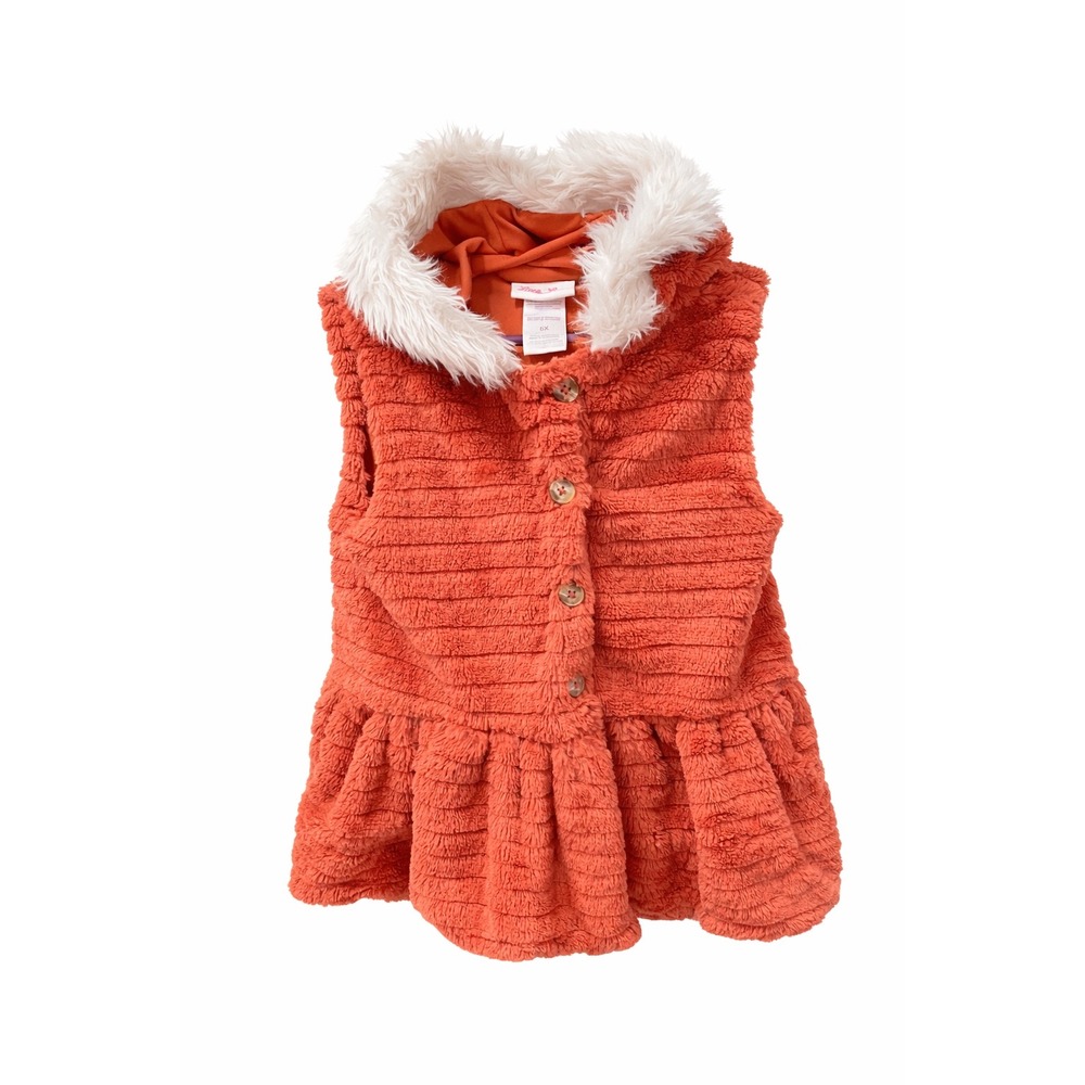 Little Lass Girls Size 6X Hooded‎ Faux Fur Vest Rust Orange Button Front Peplum